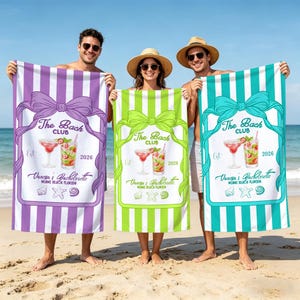 May include: Three beach towels with vertical stripes in purple, green, and teal. Each towel features a decorative frame with a bow, the text "The Bach Club", and "Vanessa's Bachelorette Miami Beach Florida". The towels also display a cocktail illustration.