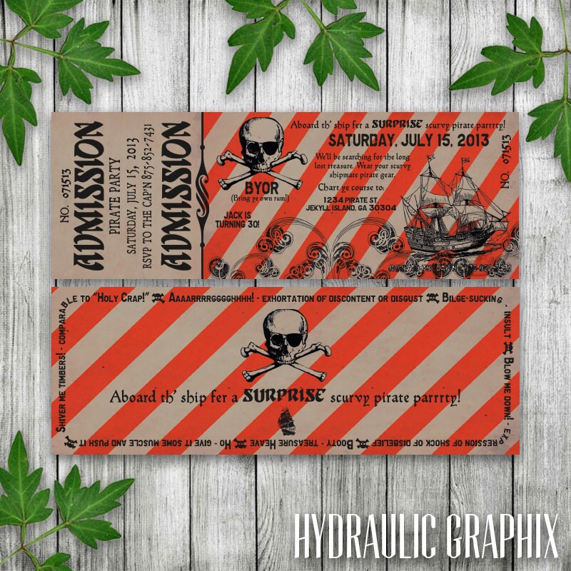 Pirate Birthday Party Ticket Invitation Printable Ticket Etsy