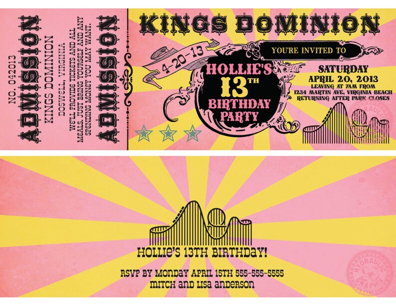 six flags or theme park ticket invitation roller coaster etsy