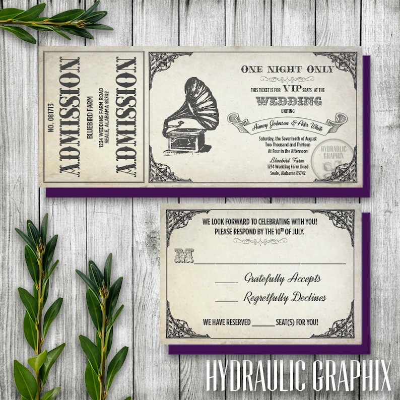 Vintage Gramophone Wedding Ticket Invitation and RSVP