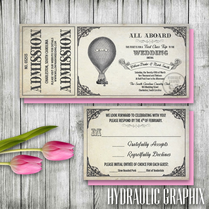 Hot Air Balloon Invitation Set, Printable Ticket Invitation