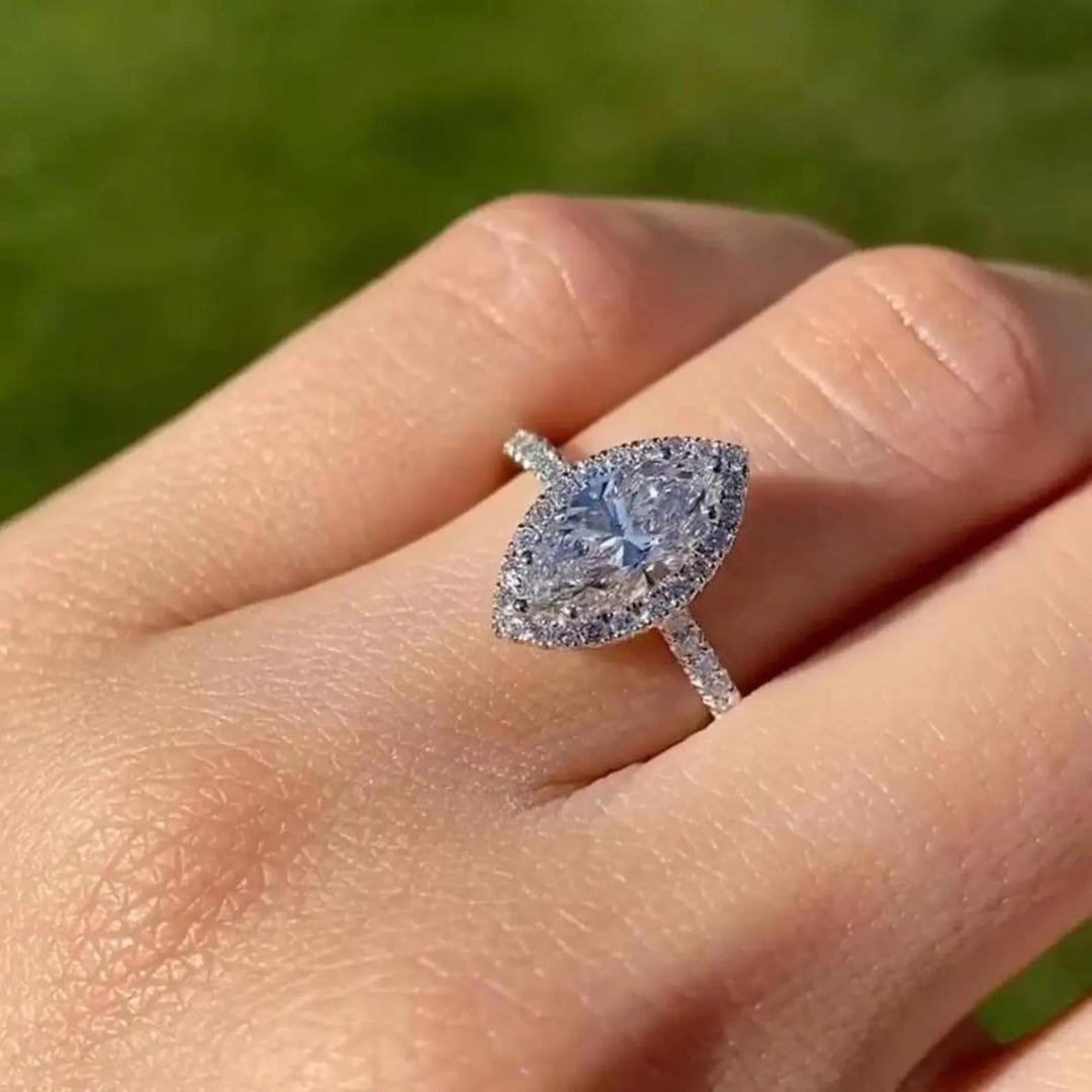 Elegant 3C Marquise Diamond Ring With Halo Design, Sparkling Band ...