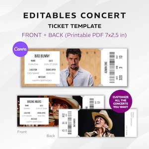 Puede incluir: Plantilla de entradas de concierto editable con diseños frontal y posterior. Incluye entradas para conciertos de Bad Bunny y Bruno Mars. Detalles como fecha, hora y lugar. PDF imprimible de 17,8 x 6,4 cm.