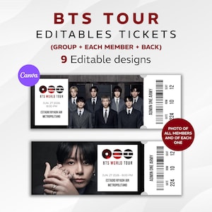 Puede incluir: Dos entradas editables para el BTS Tour con el texto "BTS TOUR EDITABLES TICKETS" y "9 Editable designs". Una entrada presenta una foto grupal, la otra un primer plano de un miembro de la banda. Incluye detalles del evento.