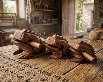 Guiro Percussion Musical Instruments Wooden 3 Piece, Set of 3 Natural Wood Guiro Frog 10-8-5 cm