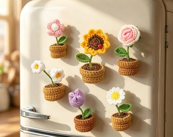 Crochet Plant Fridge Magnet, Mini Potted Sunflower Decor, Boho Kitchen Accent, Cute Desk Accessory, Unique Plant Lover Gift