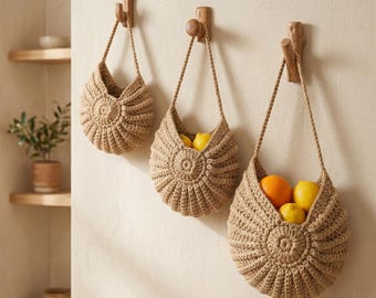 Woven Hanging Storage Basket, Boho Jute Wall Organizer, Macrame Fruit Hammock for Kitchen, Nursery Room Storage, Modern Farmhouse Decor