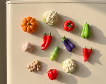 Puede incluir: Una colección de doce imanes de nevera con forma de verdura que incluye una calabaza, coliflor, tomate, pimiento verde, ajo, chiles rojos, berenjena, pepino, raíz de jengibre y un pimiento rojo, dispuestos sobre una superficie color crema.