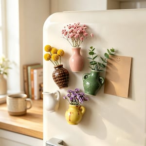 Peut inclure: Plusieurs petits vases en céramique colorés, chacun contenant des fleurs et de la verdure différentes, sont fixés à un réfrigérateur. Les vases sont de formes et de couleurs variées, notamment marron, rose, vert, jaune et blanc. Un petit papier brun vierge est également attaché.