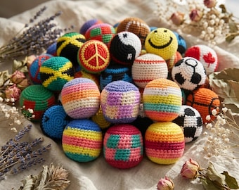 Hand Crochet Hacky Sack Footbag - ADHD Fidget Toy & Stress Relief Ball - Retro 90s Sports Gift - Boho Juggling Ball with Tribal Pouch