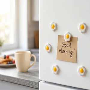 Op de afbeelding: Een set van vijf kleine, wit-gele magneten in de vorm van een spiegelei op een witte koelkastdeur. Eén magneet houdt een vierkant stuk lichtbruin papier vast met de handgeschreven tekst Good Morning! in donkerbruine inkt op de koelkast.
