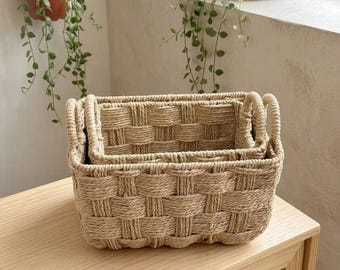 Handwoven Paper Rope Basket, Rectangle Storage Bin for Nursery & Bathroom, Boho Home Decor Shelf Organizer, Space Saving Nesting Hamper Set