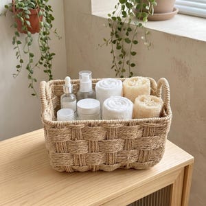Handwoven Paper Rope Basket, Rectangle Storage Bin for Nursery & Bathroom, Boho Home Decor Shelf Organizer, Space Saving Nesting Hamper Set