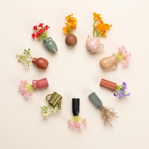 May include: A collection of ten miniature ceramic vases arranged in a circle, each containing small artificial flowers. The vases vary in shape, including jugs, teapots, and bottles, featuring colors like sage green, terracotta, pink, and black.