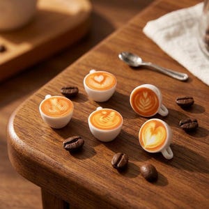 Könnte beinhalten: Fünf Miniatur-Kaffeetassen aus weißer Keramik auf einer Holzoberfläche, jede gefüllt mit einem braunen Kaffeegetränk mit verschiedenen weißen Milchschaum-Mustern, begleitet von mehreren verstreuten dunkelbraunen Kaffeebohnen.