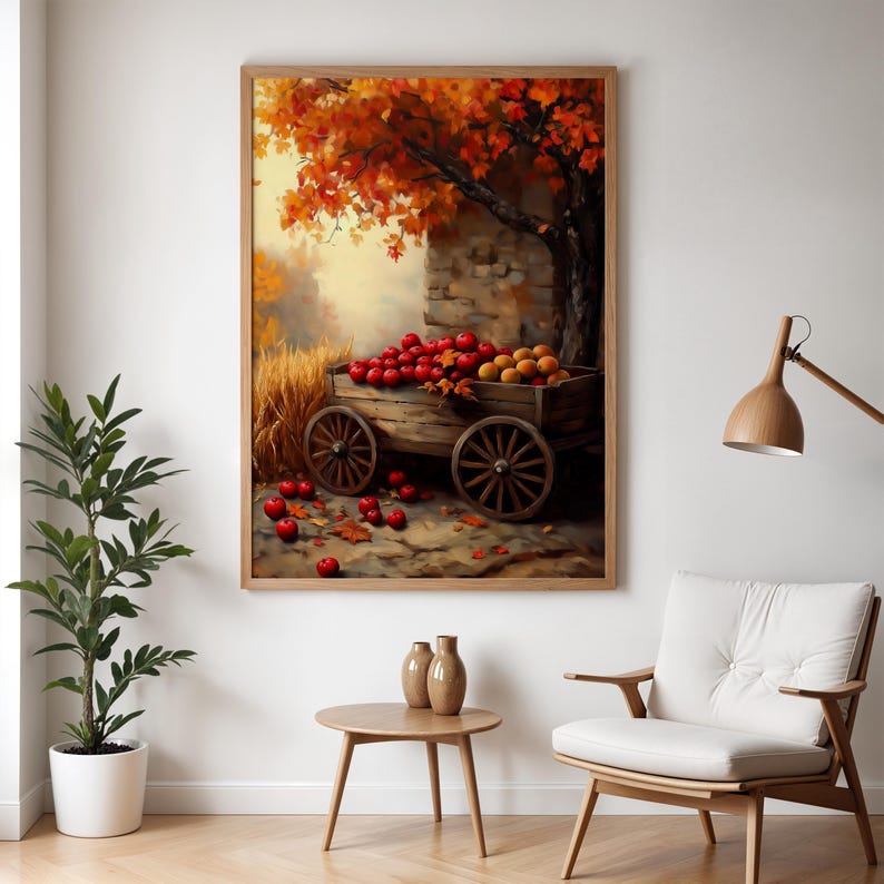 Rustic Harvest Cart With Apples and Pumpkins Printable Wall Art ...