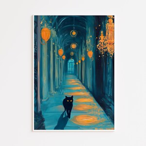 May include: An art print depicts a long, ornate hallway with a black cat walking towards the viewer. The hallway is painted in shades of blue and teal, with warm orange light fixtures and a chandelier.