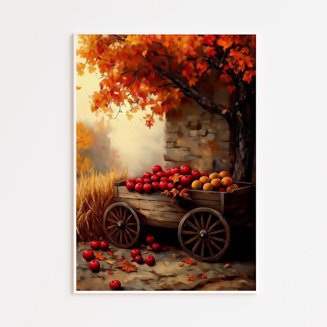 Rustic Harvest Cart With Apples and Pumpkins Printable Wall Art ...