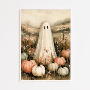 Lindo fantasma en un campo de calabazas, suave lámina decorativa de Halloween para imprimir (descarga digital)