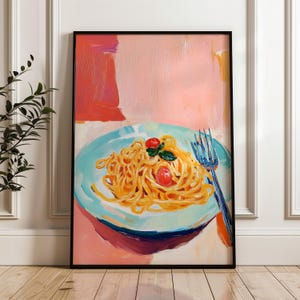 Impression spaghetti nature morte – tons roses chauds, art de cuisine rustique (téléchargement numérique)