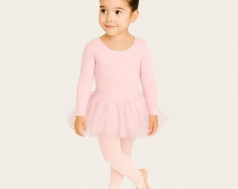 Pembe Uzun Kollu Sırt Çapraz Bantlı Tütü Etekli Bale Mayosu  Saç Bandı-Çocuk