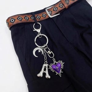 Custom Initial Gothic Heart Keychain, Chrome Letter & Spiky Cross Heart Bag Charm, Grunge Y2K Accessory, Aesthetic Punk Keychain Gift