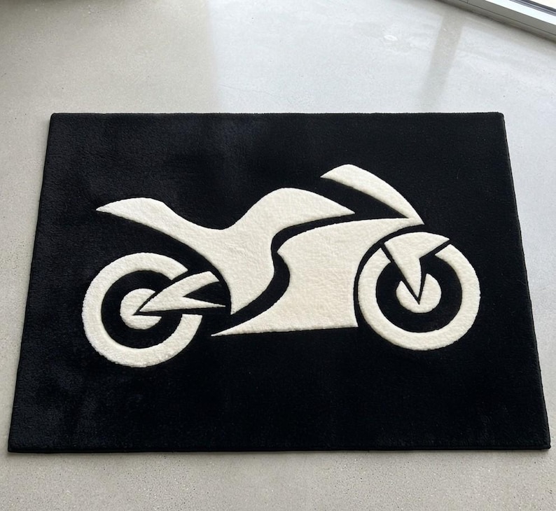 Handmade Tufted Rug, Black and White Sport Bike Carpet, Modern Biker ...
