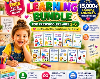 May include: A complete learning bundle for preschoolers ages 3-6 featuring 15,000+ learning activities and printable pages. The set includes various workbooks for alphabet, numbers, shapes, colors, tracing, puzzles, sight words, and fine motor skills.
