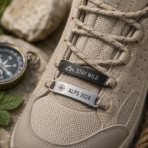 Etiquetas personalizadas para calçados de caminhada, pingentes para botas de trilha com gravação, presente ideal para aventuras ao ar livre e trilhas.