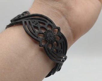Soft TPU Lotus Flower Cuff Bracelet | Romantic 3D Printed Geometric Jewelry | Matte Black Lace Bracelet