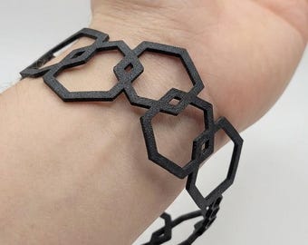 Flexible TPU Hexagonal Link Bracelet, 3D Geometric & Honeycomb Jewelry, Modern Matte Black Cuff, Ultra-Light Cubic Lines