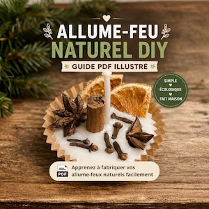 Peut inclure: Gros plan sur un allume-feu naturel avec une bougie, de l'anis étoilé, des clous de girofle et des tranches d'orange séchées. Le texte sur la couverture indique "ALLUME-FEU NATUREL DIY GUIDE PDF ILLUSTRÉ" et "Apprenez à fabriquer vos allume-feux naturels facilement."