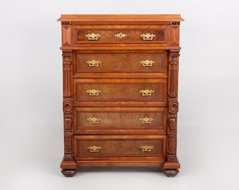 Antik valnötsbyrå handgjord klassisk lådskåp massivt trä intarsia inläggningar lyxiga vintage sovrumsmöbler