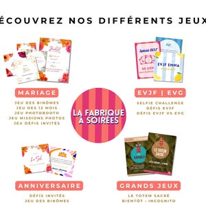 以下が含まれることがあります： D&Eacute;COUVREZ NOS DIFF&Eacute;RENTS JEUX、LA FABRIQUE &Agrave; SOIR&Eacute;ES、MARIAGE、EVJF | EVG、ANNIVERSAIRE、GRANDS JEUXというテキストが記載されたゲームカードとイベント用素材のコレクション。カードには花柄、ストライプ、トロピカルな模様が描かれています。