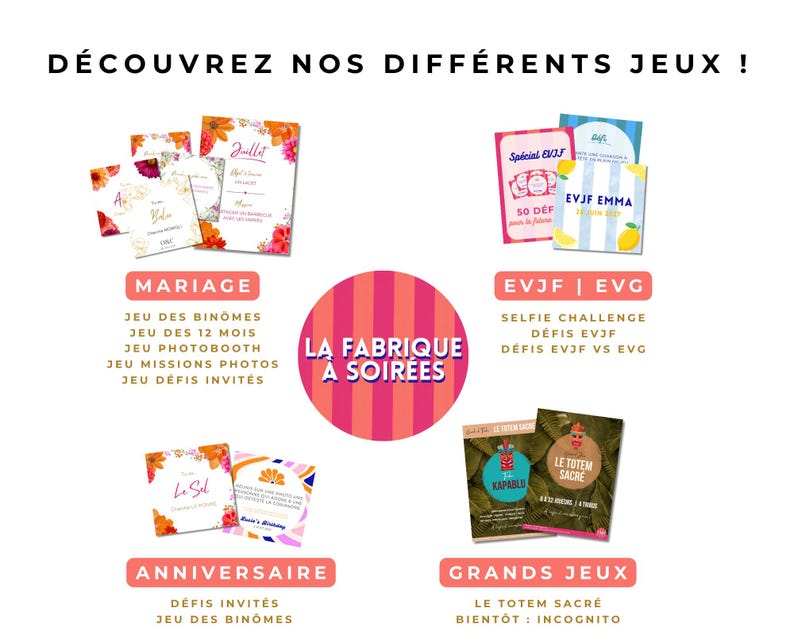 以下が含まれることがあります： D&Eacute;COUVREZ NOS DIFF&Eacute;RENTS JEUX、LA FABRIQUE &Agrave; SOIR&Eacute;ES、MARIAGE、EVJF | EVG、ANNIVERSAIRE、GRANDS JEUXというテキストが記載されたゲームカードとイベント用素材のコレクション。カードには花柄、ストライプ、トロピカルな模様が描かれています。