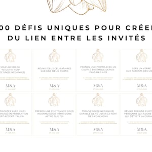 以下が含まれることがあります： 金色の花のイラストと「200 D&Eacute;FIS UNIQUES POUR CR&Eacute;ER DU LIEN ENTRE LES INVIT&Eacute;S」というテキストが印刷された白いカードのセット。各カードには社交的な課題、イニシャルM&A、日付27 JUIN 2026が黒い文字で記載されています。