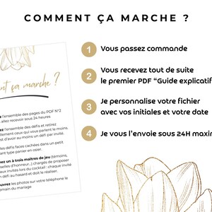 以下が含まれることがあります： 「COMMENT &Ccedil;A MARCHE?」というタイトルの説明用インフォグラフィック。金色の花のイラストが描かれています。番号付きの金色の円で構成された4つのステップで、注文方法、PDFガイドの受け取り、ファイルのカスタマイズ、最終的なドキュメントの受け取り手順が説明されています。