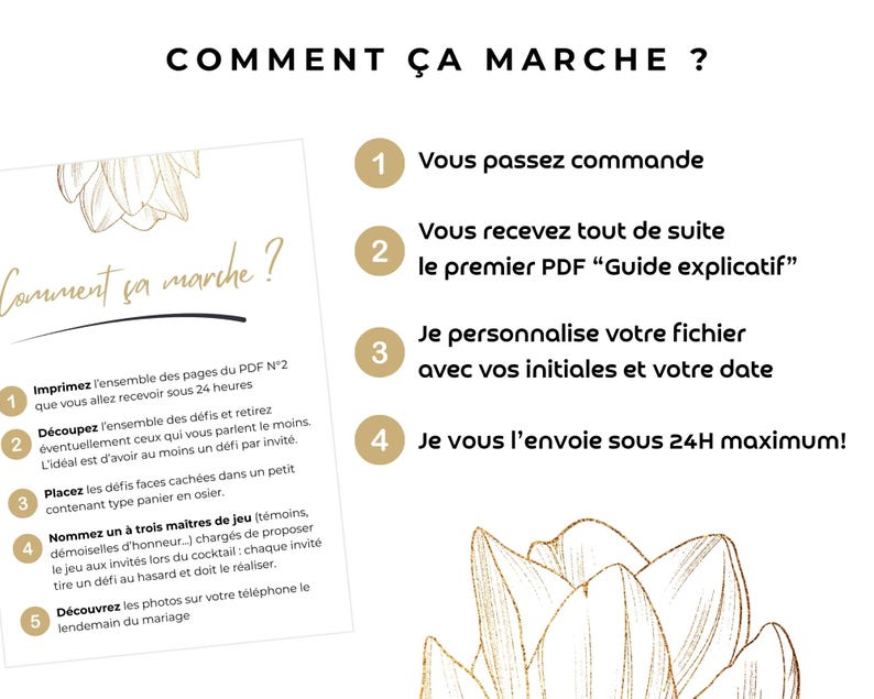 以下が含まれることがあります： 「COMMENT &Ccedil;A MARCHE?」というタイトルの説明用インフォグラフィック。金色の花のイラストが描かれています。番号付きの金色の円で構成された4つのステップで、注文方法、PDFガイドの受け取り、ファイルのカスタマイズ、最終的なドキュメントの受け取り手順が説明されています。