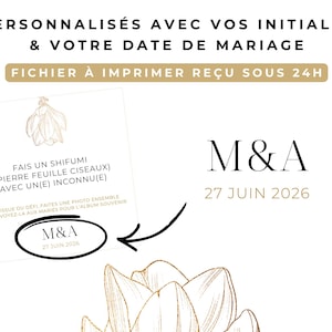 以下が含まれることがあります： 金色の線画の花のイラスト、FAIS UN SHIFUMI (PIERRE FEUILLE CISEAUX) AVEC UN(E) INCONNU(E)というテキスト、イニシャルM&Aと日付27 JUIN 2026が囲まれたエリア、そして大きなM&A 27 JUIN 2026のテキストが記載された正方形のカード。