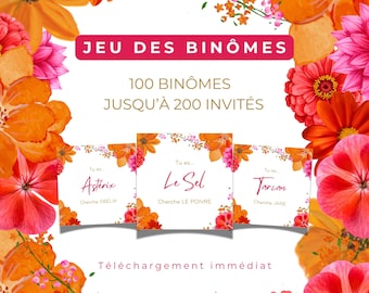 Jeu des Binômes élégant à imprimer | Animation invités pour mariage, anniversaires, soirées | 100 binômes jusqu’à 200 invités | Thème Gloria