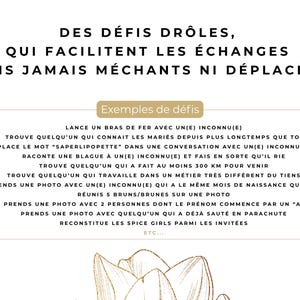 以下が含まれることがあります： DES D&Eacute;FIS DR&Ocirc;LES, QUI FACILITENT LES &Eacute;CHANGES MAIS JAMAIS M&Eacute;CHANTS NI D&Eacute;PLAC&Eacute;S !という黒いテキストが書かれた白い長方形のカード。その下にはExemples de d&eacute;fisとラベル付けされたボックスがあり、見知らぬ人と腕相撲をする、300km移動した人を見つけるなど、フランス語で書かれた様々なソーシャルチャレンジがリストアップされています。