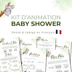 Peut inclure: Un kit d'animation pour baby shower avec une illustration de koala et du texte en français. L'ensemble comprend des cartes imprimées pour des jeux comme les prédictions, les défis photos et le caractère de bébé, avec des touches aquarelle vertes.