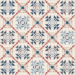 May include: A quilt featuring a repeating pattern of star and geometric blocks in shades of navy blue, light blue, and red on a cream background. The design includes small red square accents arranged in a grid that connects the larger blocks.