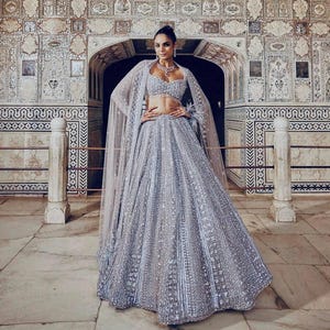Grijze lehenga choli voor vrouwen, spiegel werk bruids lehenga Indiase trouwjurk bollywood pailletten ghagra receptie feestkleding lehenga voor vrouwen