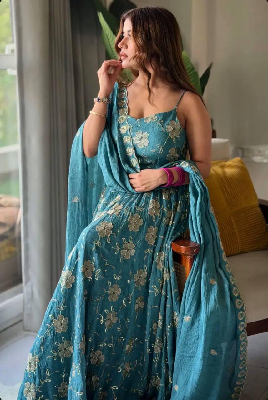 open lace back dress Burgundy Banarasi Brocade Anarkali Party Wear Long Gown Dress With Emb –  Chhabra 555 main image 1