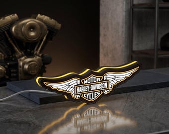 Harley Davidson Wings LED Sign, Dimmable 3D Lightbox, Biker Garage Man Cave Decor