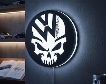 VW Volkswagen Skull LED Lightbox, Dimmable 3D Sign, Automotive Garage Decor, Custom Fan Gift