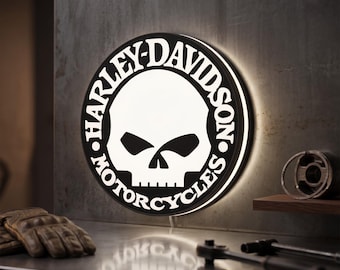 Harley Davidson Skull LED Lightbox, Dimmable 3D Biker Garage Wall Art, Man Cave Sign