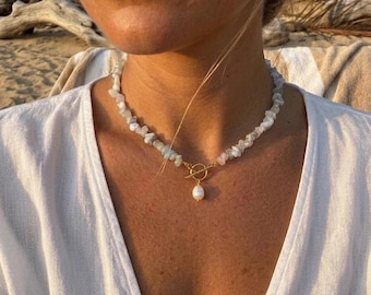 Morganit Halskette Gold Boho – Edelstein Halskette Vergoldet – Boho Schmuck – Naturstein Kette – Wasserfeste Kette – Geschenk für Sie