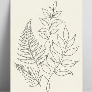 May include: A minimalist botanical art print featuring a line drawing of various leaves and ferns in black against a cream background. The artwork showcases a simple, elegant design suitable for home decor.